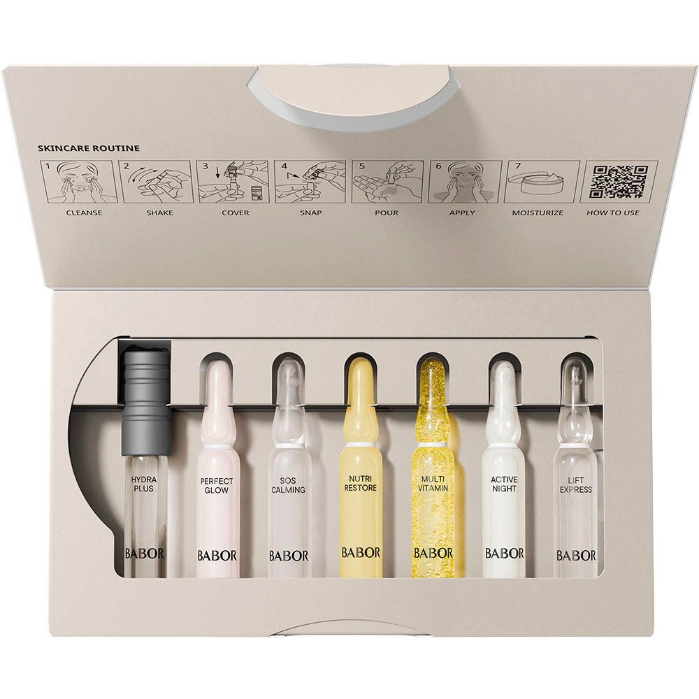 Open verpakking met ampullen. Bevat 7 ampullen met verschillende serums.