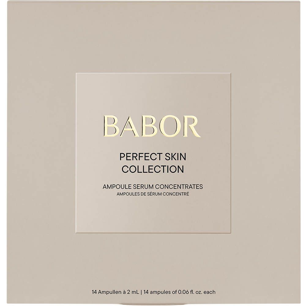 Beige kartonnen verpakking. Opschrift BABOR, PERFECT SKIN COLLECTION. Bevat ampullen serumconcentraten. 14 ampullen.