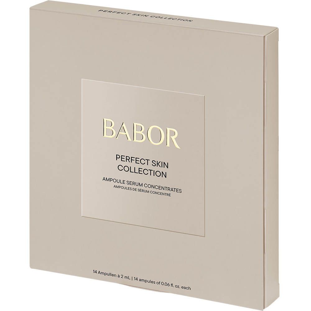 Vue en biais de l'emballage. Boîte en carton beige. Inscription BABOR, PERFECT SKIN COLLECTION. 14 ampoules.