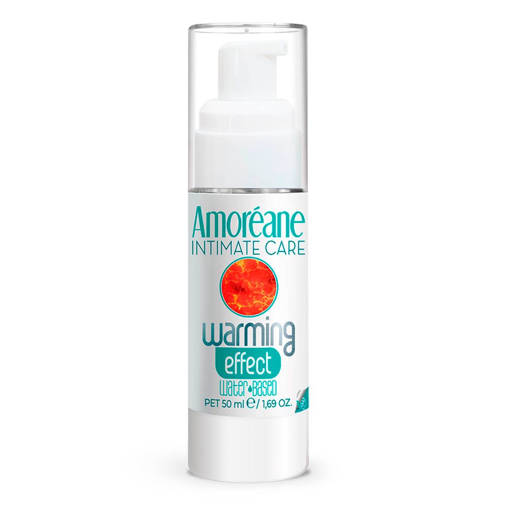 Witte fles met doseerpomp en transparante dop. Opschrift: Amoréane Intimate Care, warming effect. Oranje logo.