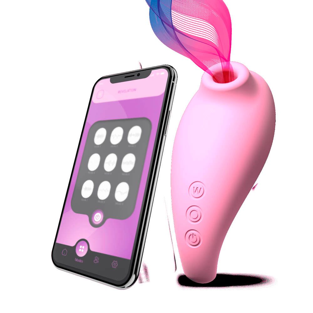 Roze stimulator en smartphone. App-besturing. Voor intieme gezondheid. Product met drie knoppen.