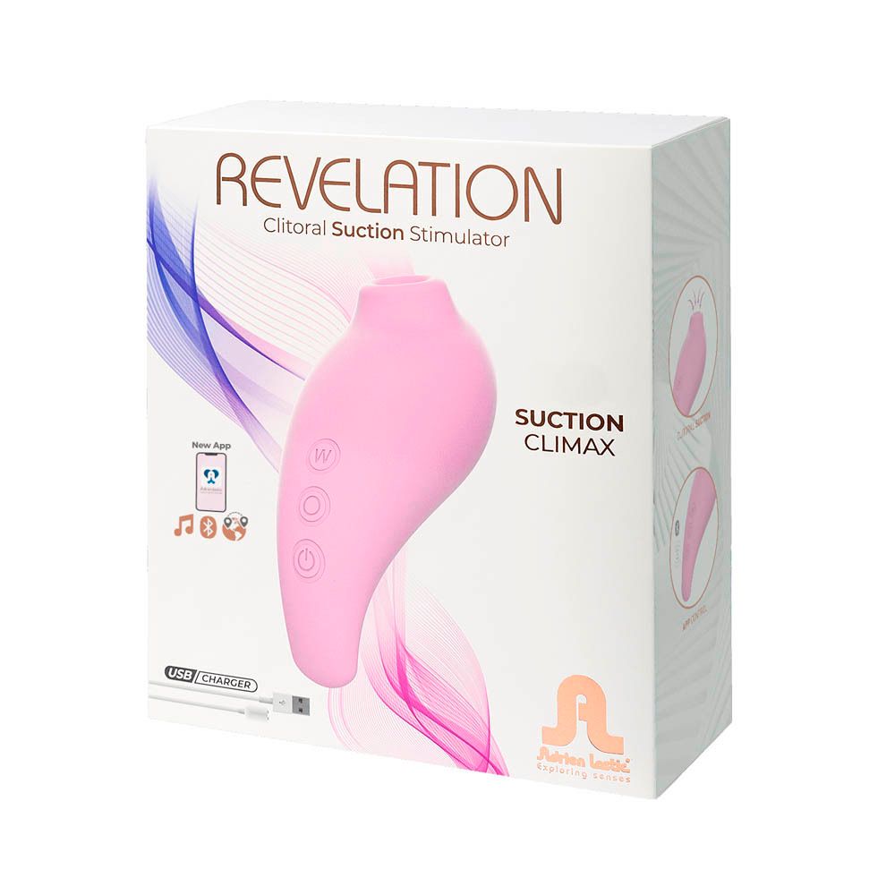 Verpakking met productafbeelding. Roze stimulator, drie knoppen. Tekst: REVELATION, Clitoral Suction Stimulator.