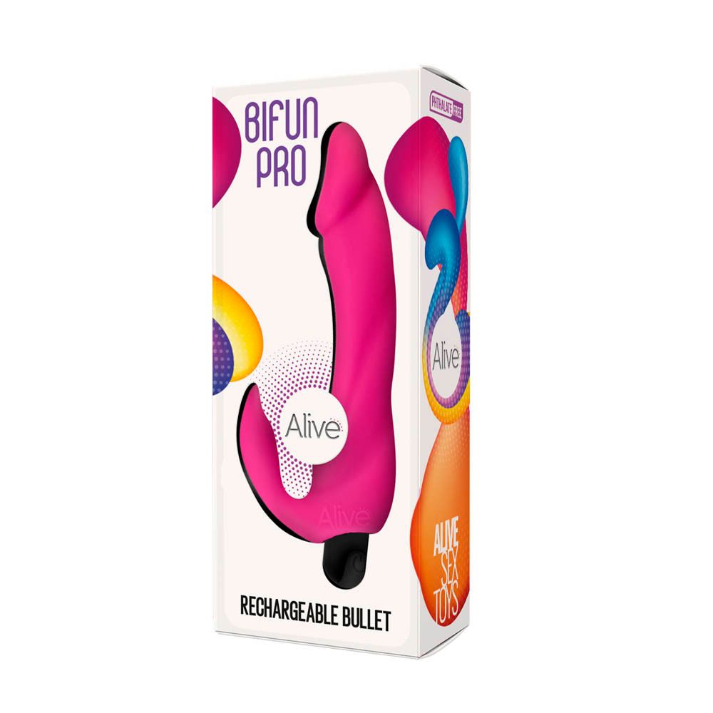 Verpakking Alive Vibromasseur Rechargeable Bifun Pro. Roze product, witte doos met logo en tekst.