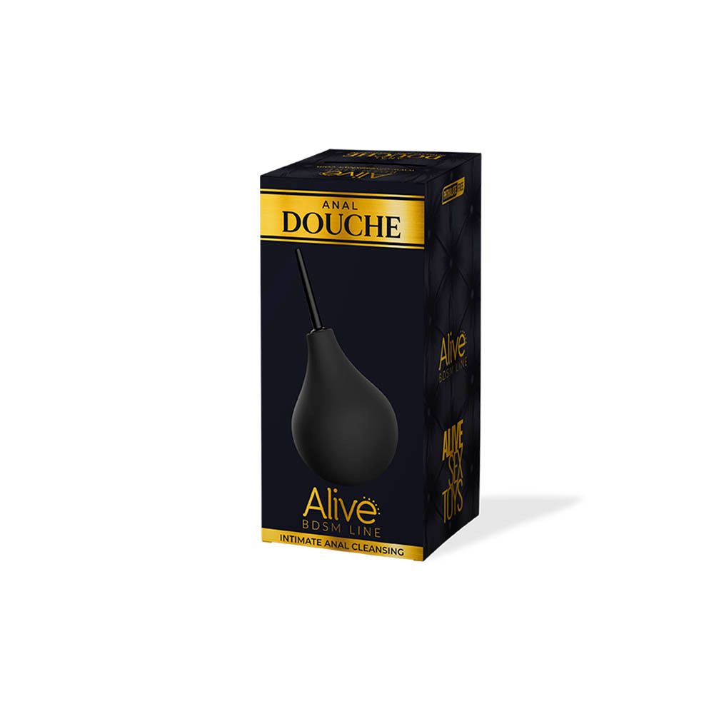 Alive Douche Anale Small in verpakking. Zwarte fles met punt. Opschrift: ANAL DOUCHE.