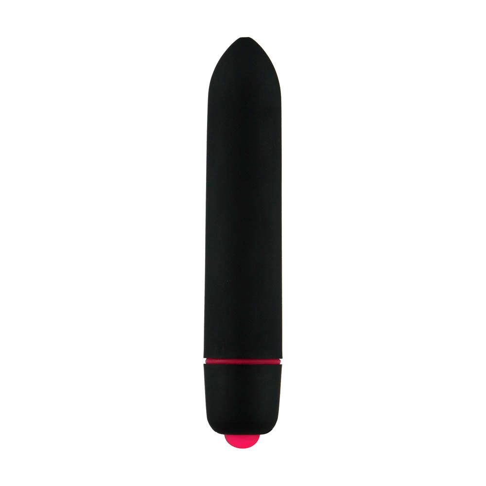 Zwarte vibrator met afgeronde punt en roze uiteinde. Rode ring aan de onderkant.