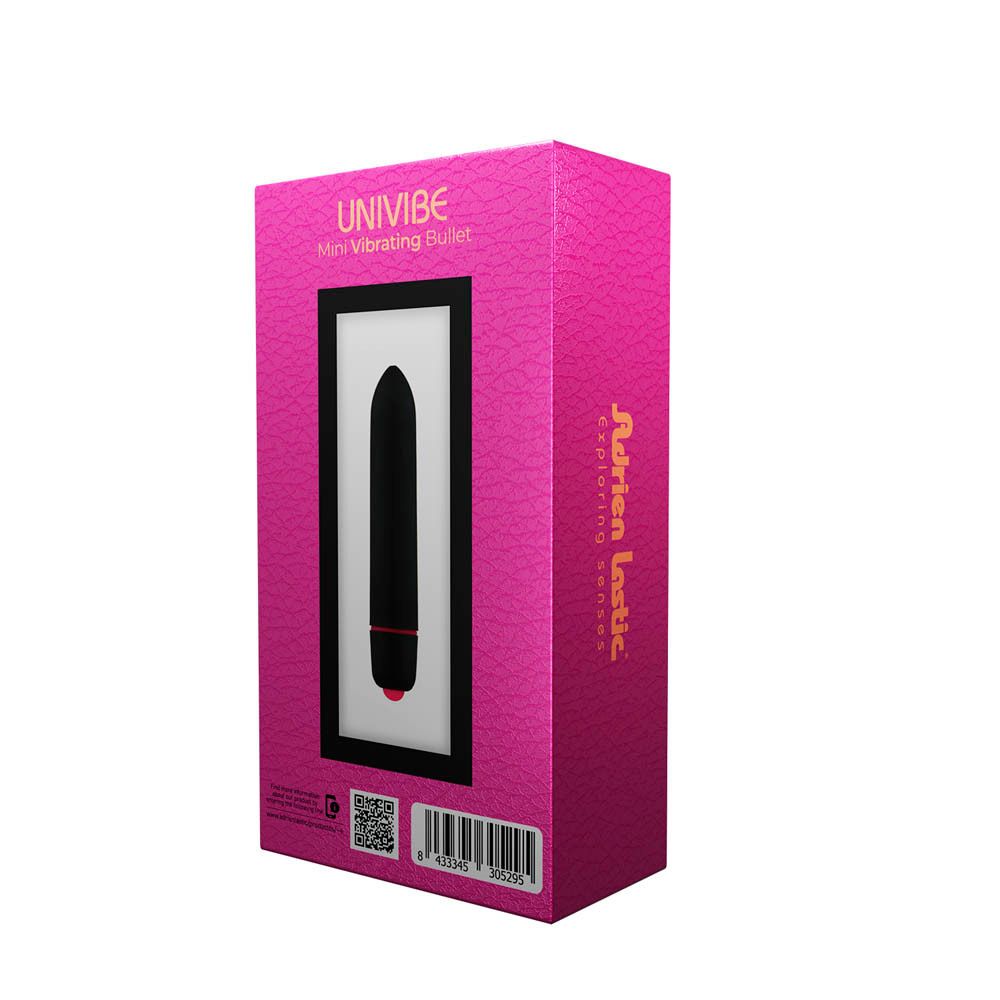 Achterkant van de roze verpakking. Zwarte vibrator in venster. Productnaam, barcode, QR-code.