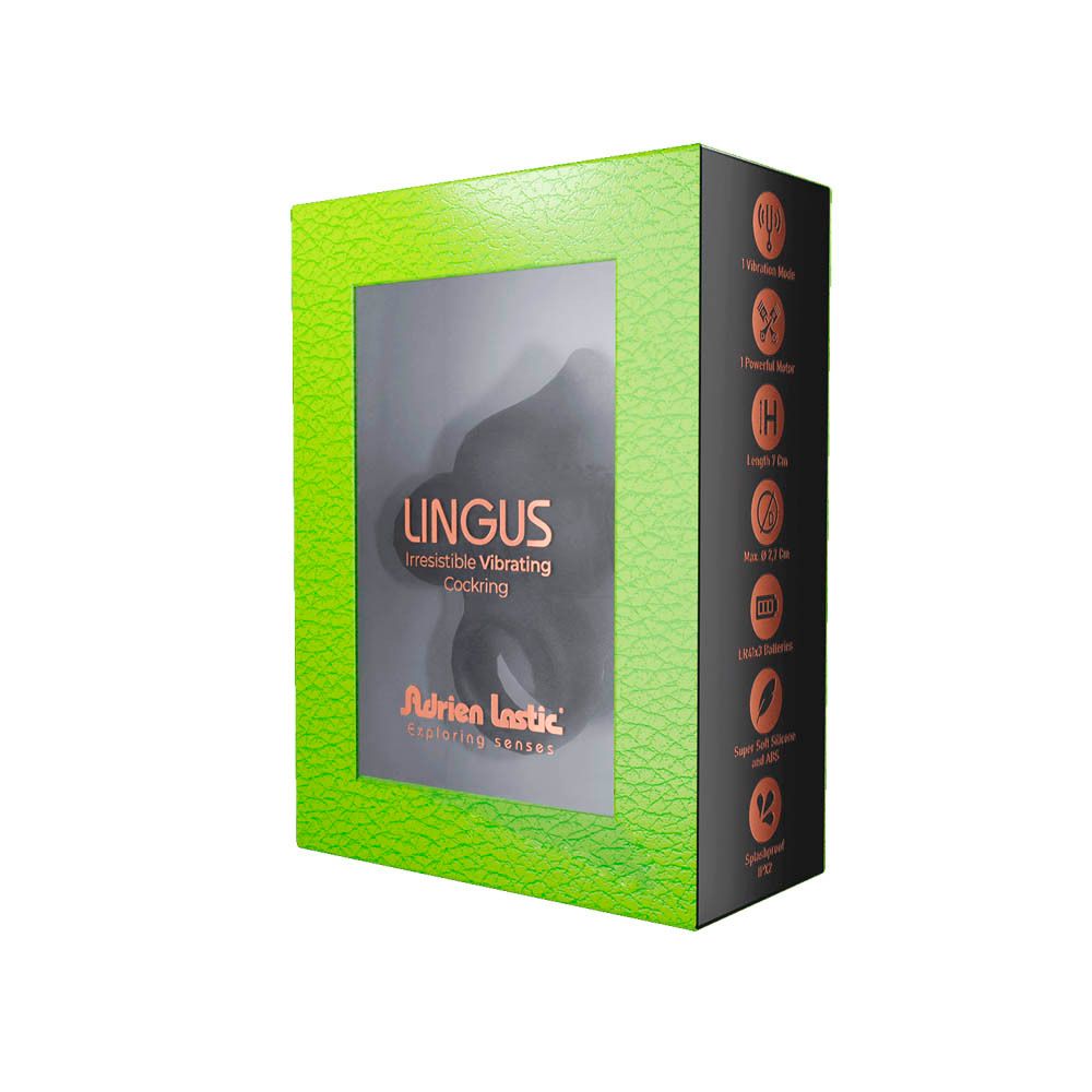 Emballage vert avec informations produit et cockring noir. Nom du produit : Lingus.
