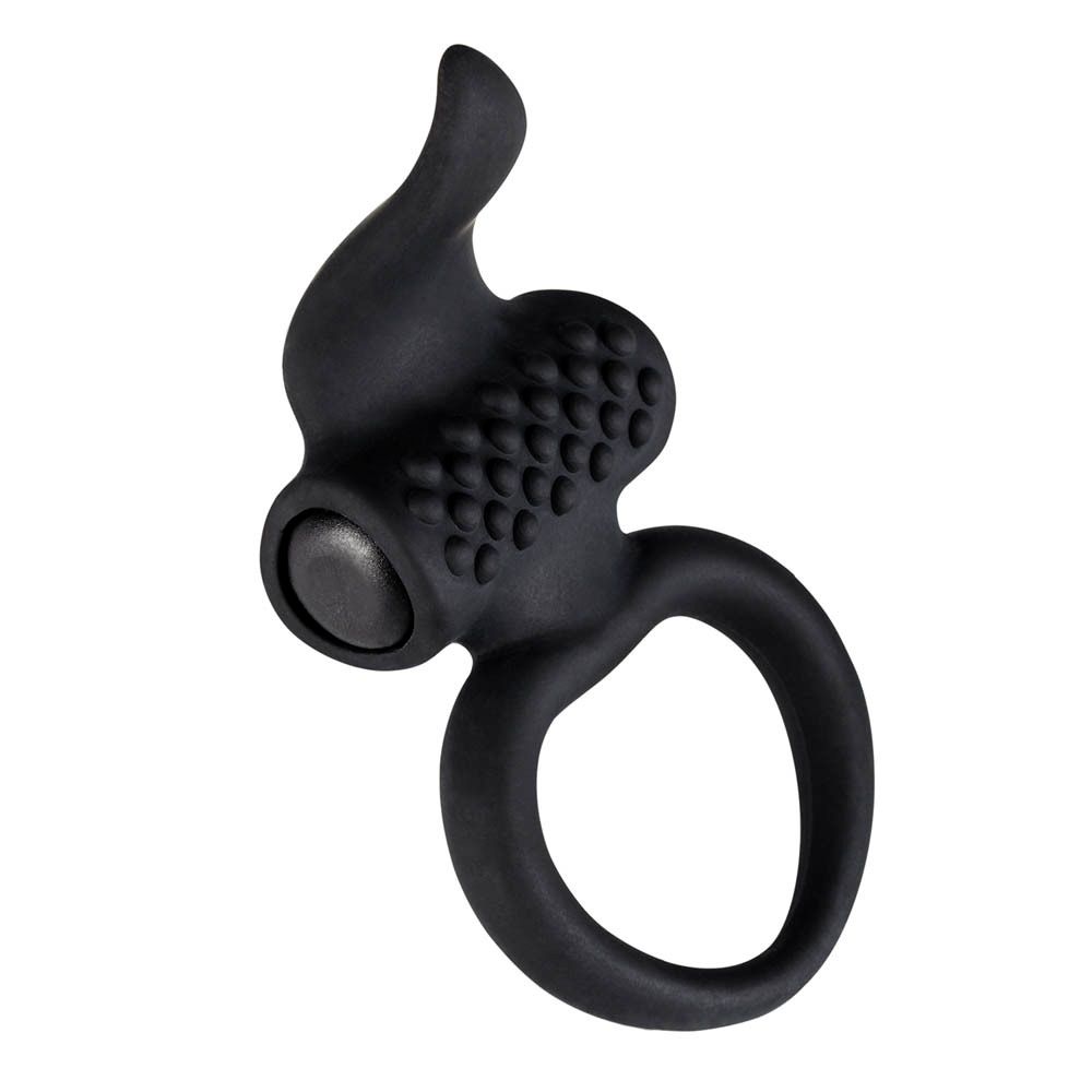 Zwarte cockring met verhoogde textuur en ring. Productnaam: Lingus.