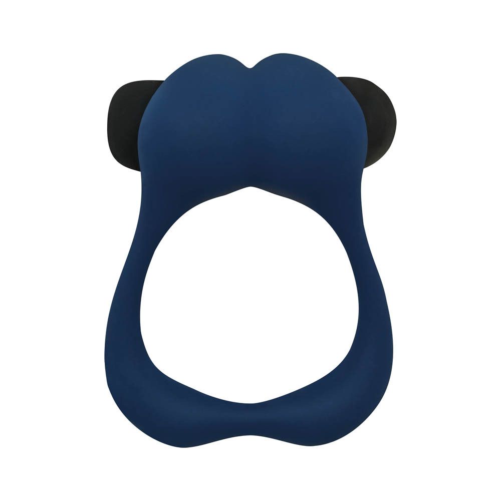 Blauwe cockring met zwarte elementen. Vorm: Ring met twee uitsteeksels.