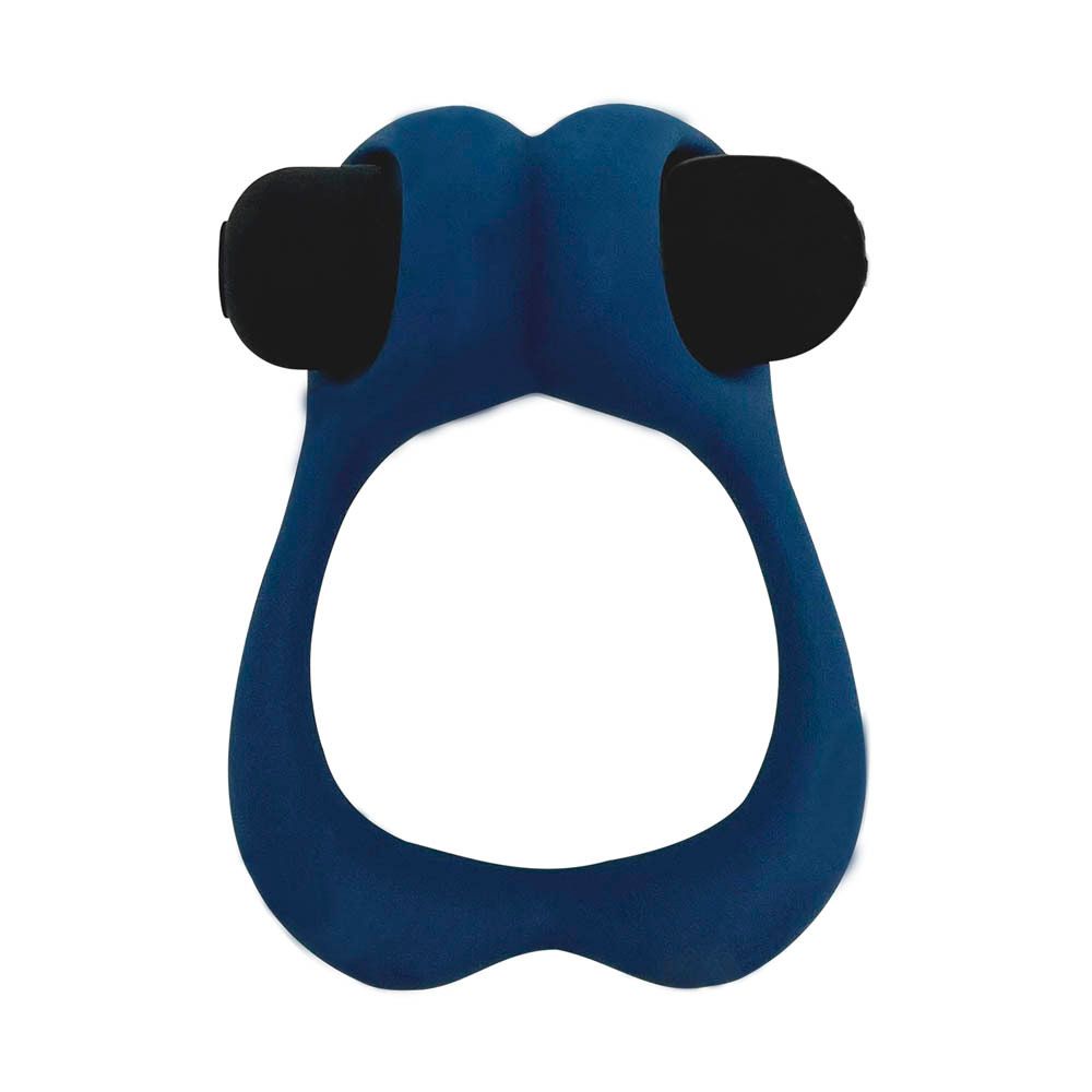Cockring bleu avec éléments noirs. Forme: Anneau avec deux protubérances.