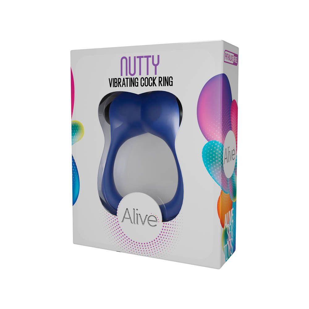 Verpakking met blauwe vibrerende cockring. Merk: Nutty, Alive. Ftalaatvrij.