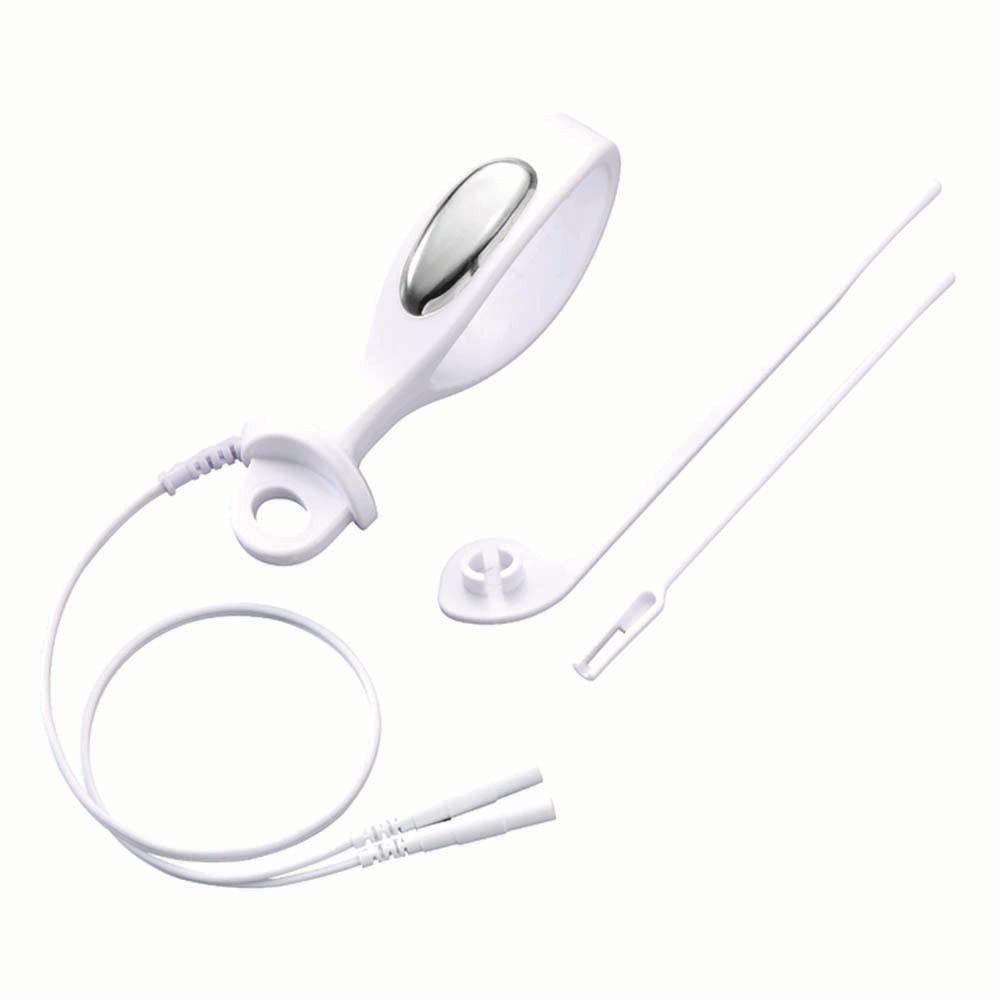 Wit apparaat met zilverkleurige knop, kabels en accessoires. Voor vaginaal gebruik.