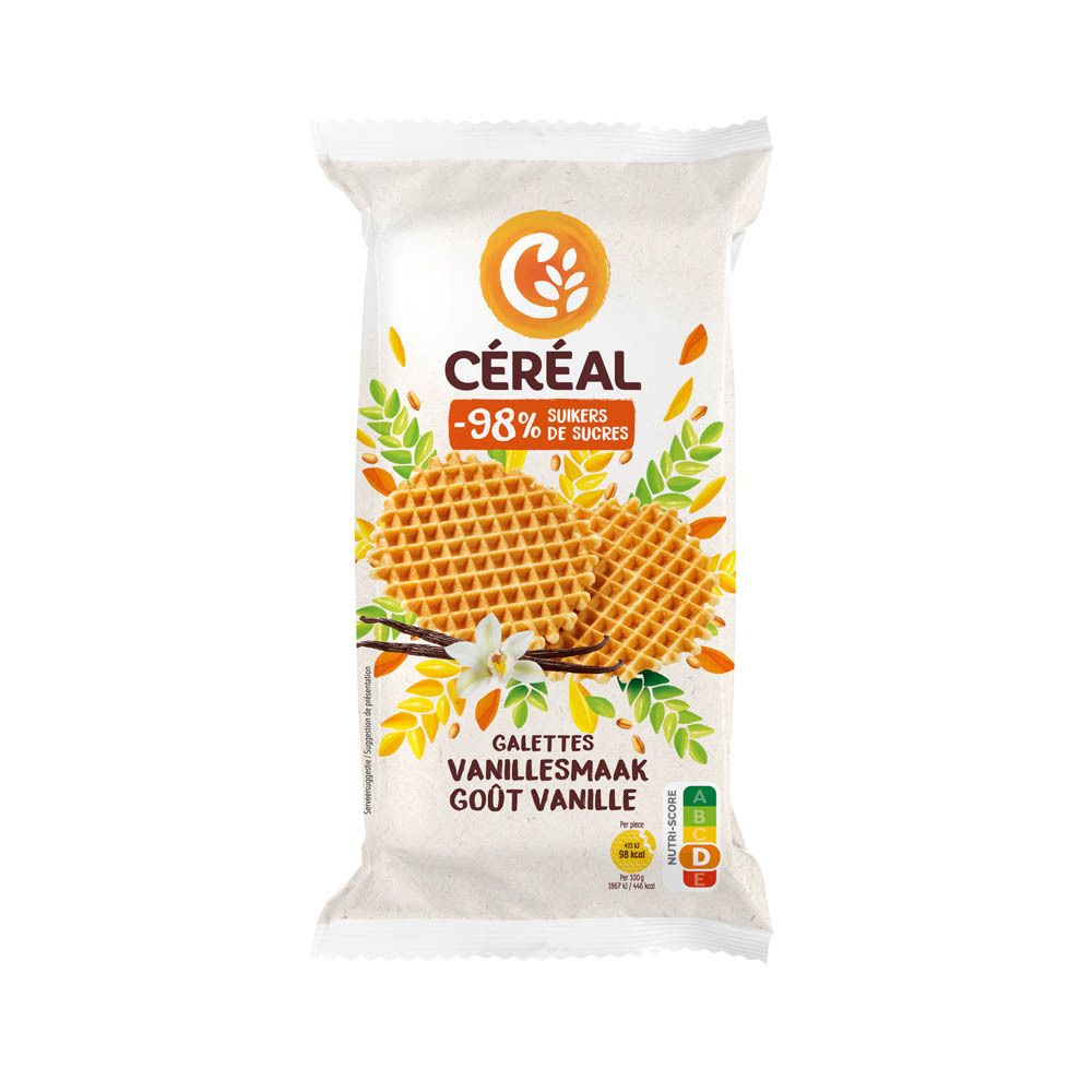 Verpakking met wafels. Merk CÉREAL, -98% suikers. Opschrift: Galettes Vanillesmaak Goût Vanille. Zichtbaar: wafels, vanillestokje, bloem.