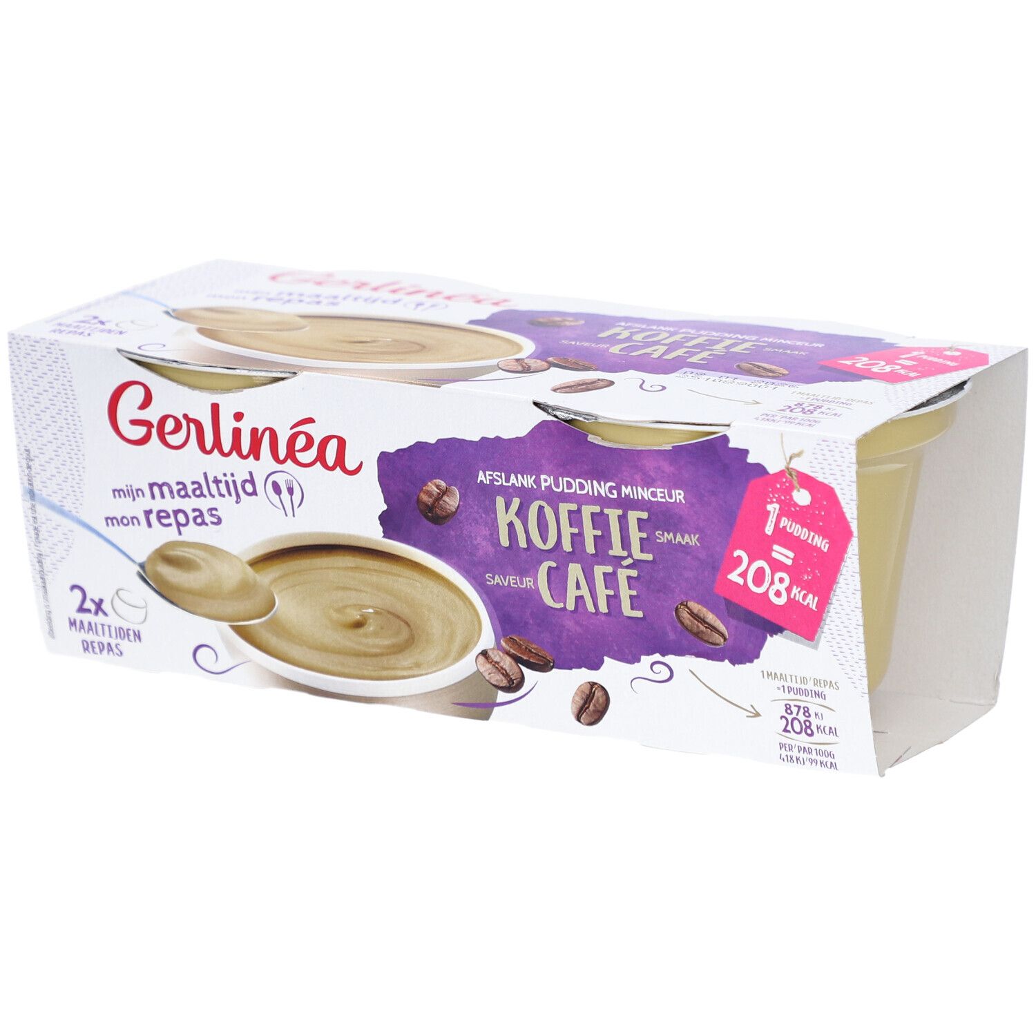 Verpakking met twee puddingbekers. Opschrift: Gerlinéa, koffiesmaak, 208 kcal per portie.