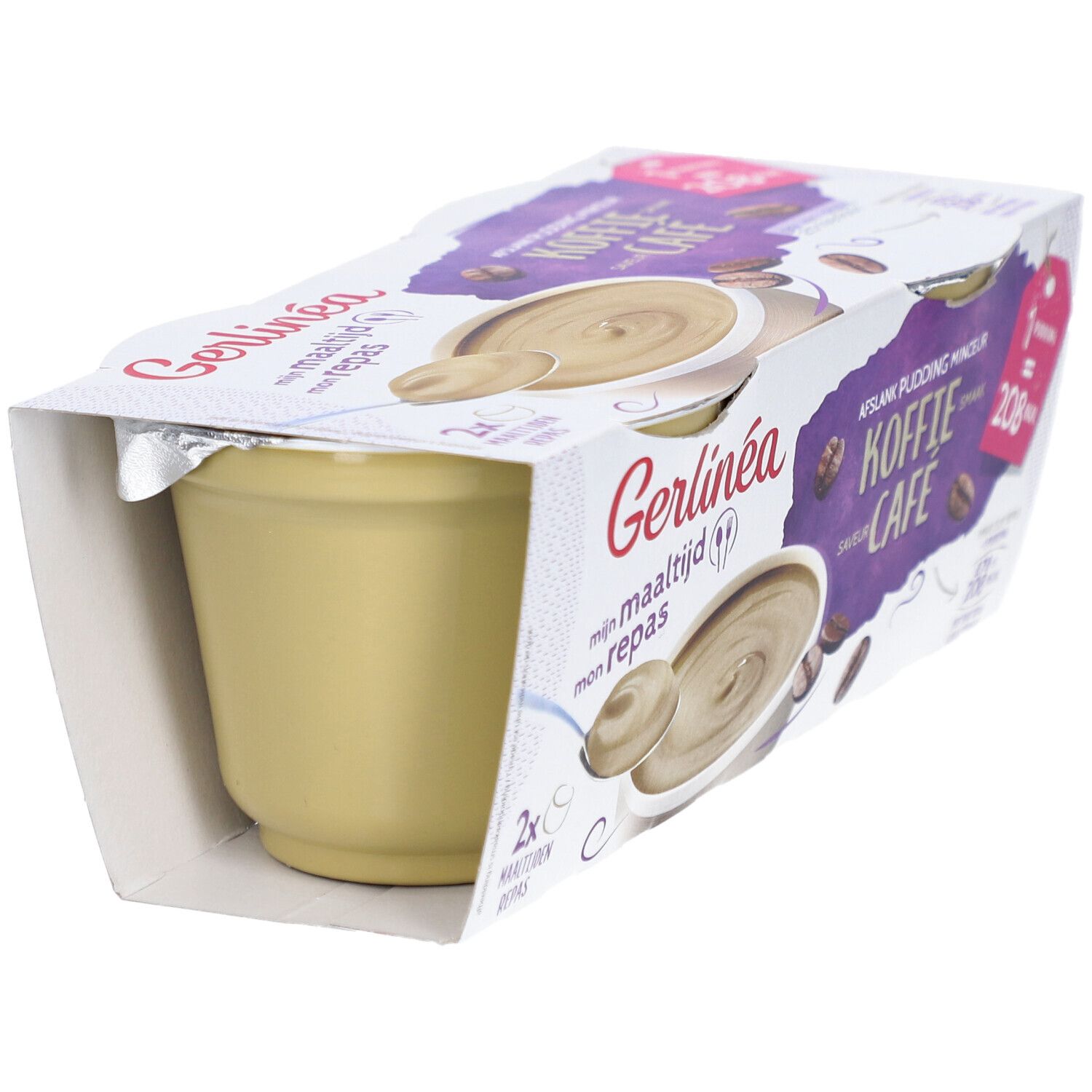 Verpakking met een puddingbeker. Opschrift: Gerlinéa, koffiesmaak, 208 kcal per portie.