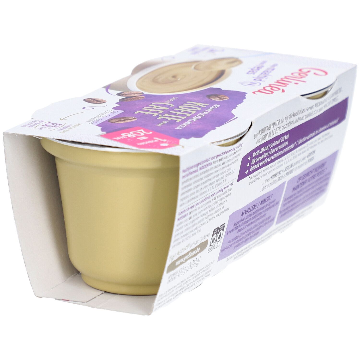 Verpakking met een puddingbeker. Opschrift: Gerlinéa, koffiesmaak, 208 kcal per portie.