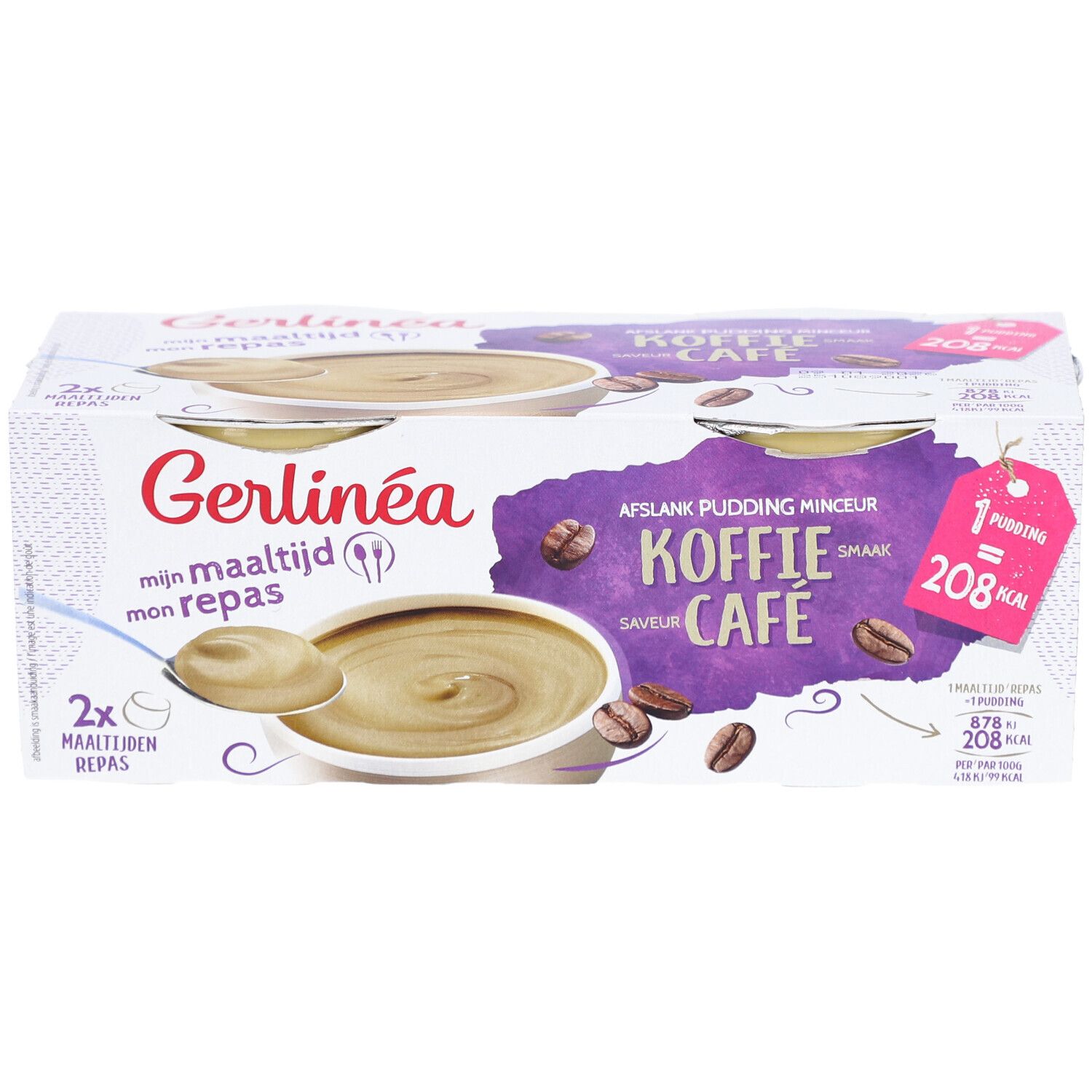 Verpakking met twee puddingbekers. Opschrift: Gerlinéa, koffiesmaak, 208 kcal per portie.