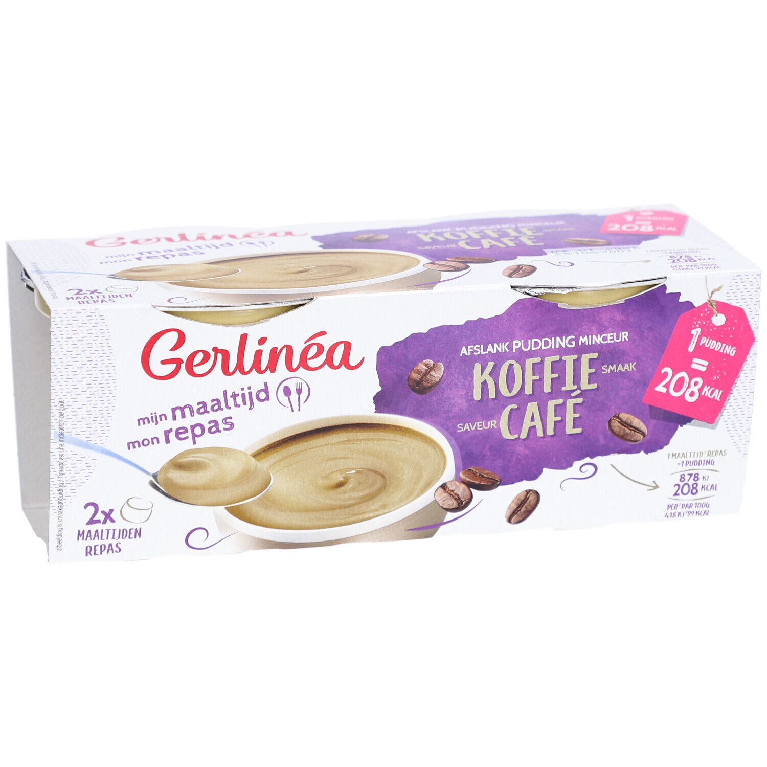 Verpakking met twee puddingbekers. Opschrift: Gerlinéa, koffiesmaak, 208 kcal per portie.