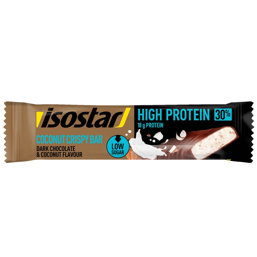 Reepverpakking met 'Isostar' logo, 'High Protein' en 'Kokos knapperig'. Bevat 18g eiwit, 'Low Sugar'.