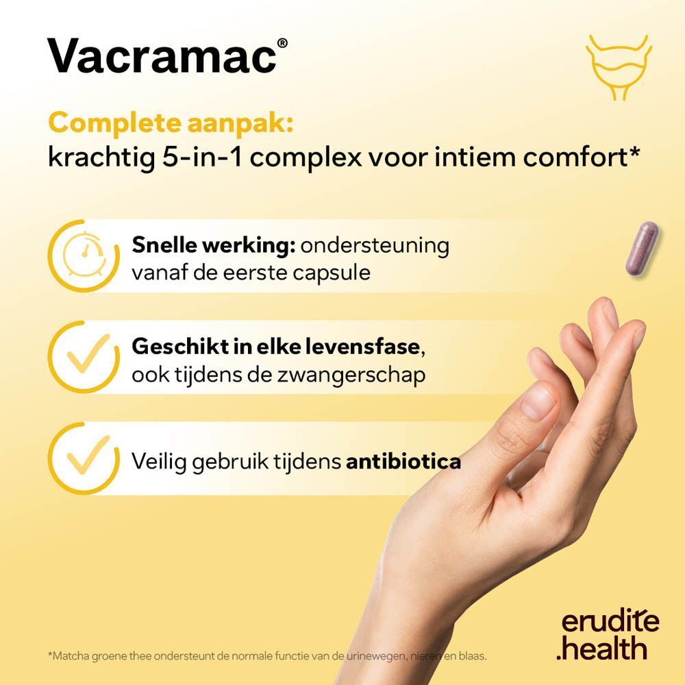 Vrouw met hartvormige handen houdt een pak Nutriphyt Vacramac Duo vast.