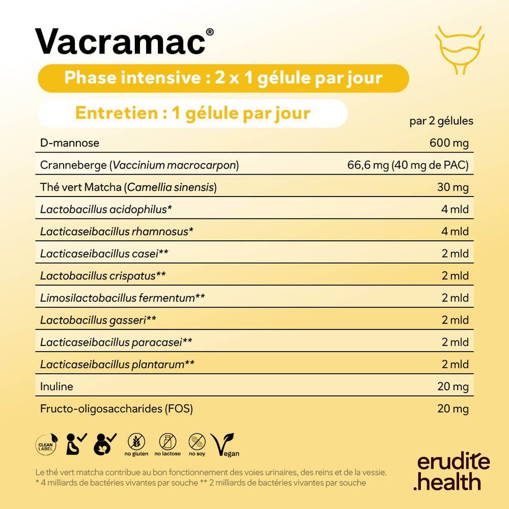 Graphique montrant les ingrédients de Nutriphyt Vacramac Duo: Matcha, lactobacilles, cranberry, D-mannose, inuline/FOS.