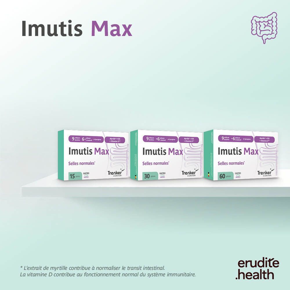 Trois boîtes d'Imutis Max (15, 30, 60 gélules) sur une étagère. Soutient les selles normales.