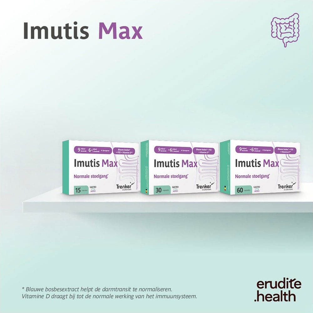 Drie dozen Imutis Max (15, 30, 60 capsules) op een plank. Ondersteunt normale stoelgang.