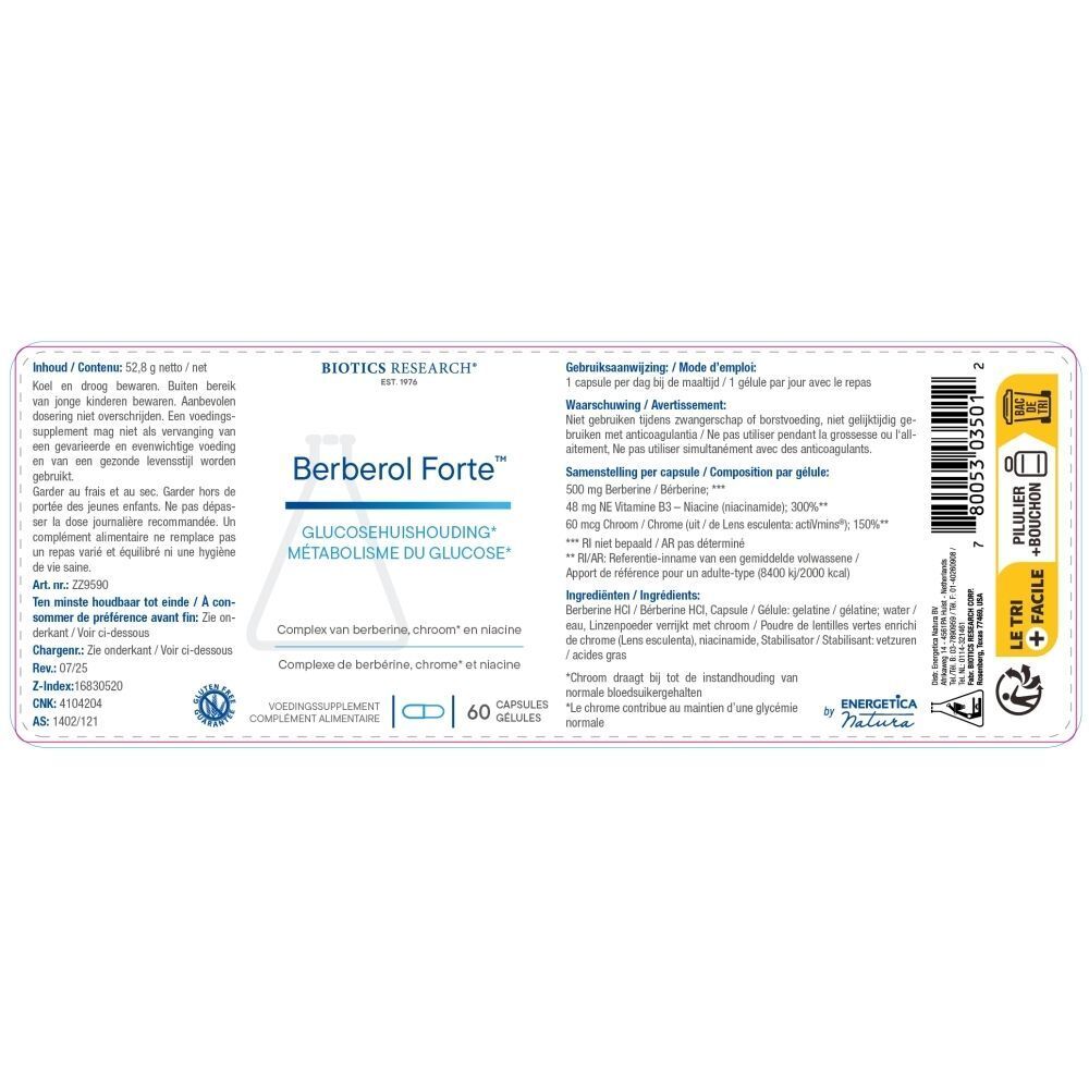 Fles, capsules en voedingsinformatie van Berbero Forte Biotics Research.
