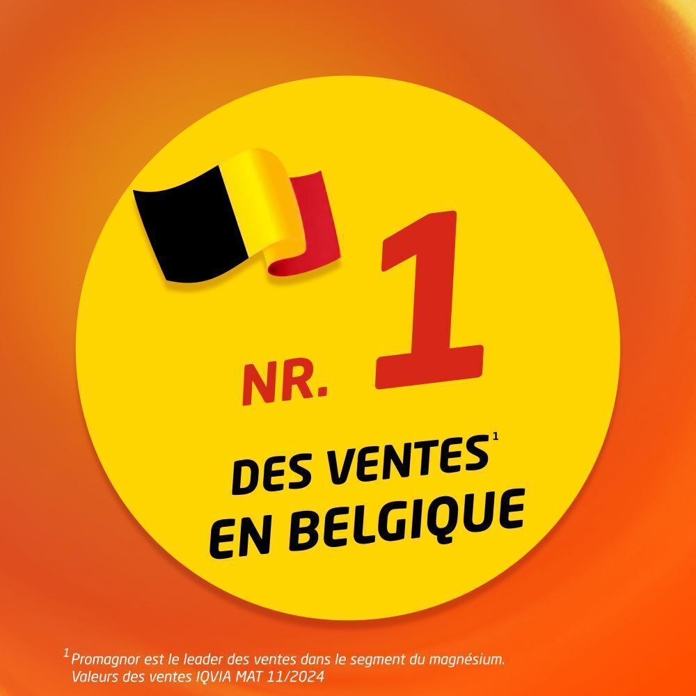 Promagnor® est la marque la plus vendue en Belgique, représentée par le drapeau belge et le chiffre 1.