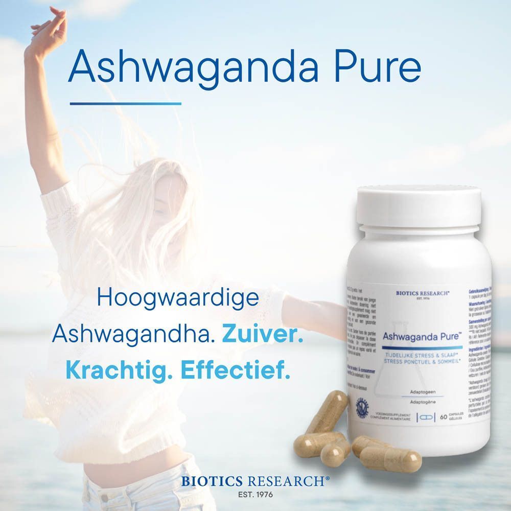Ashwaganda Pure: flacon en capsules. Hoge kwaliteit, puur, krachtig, effectief. Biotics Research.
