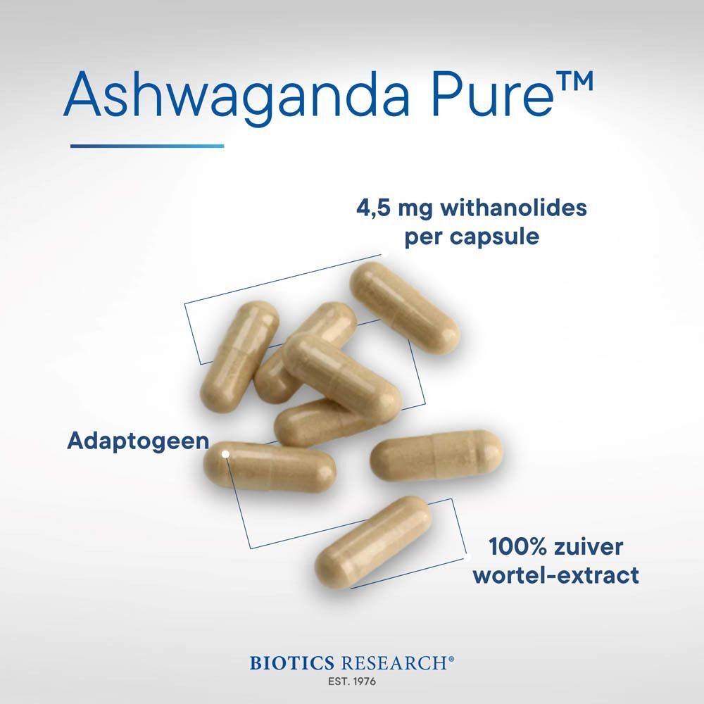 Ashwaganda Pure capsules. 4,5 mg withanoliden per capsule. Adaptogeen. 100% zuiver wortelextract.