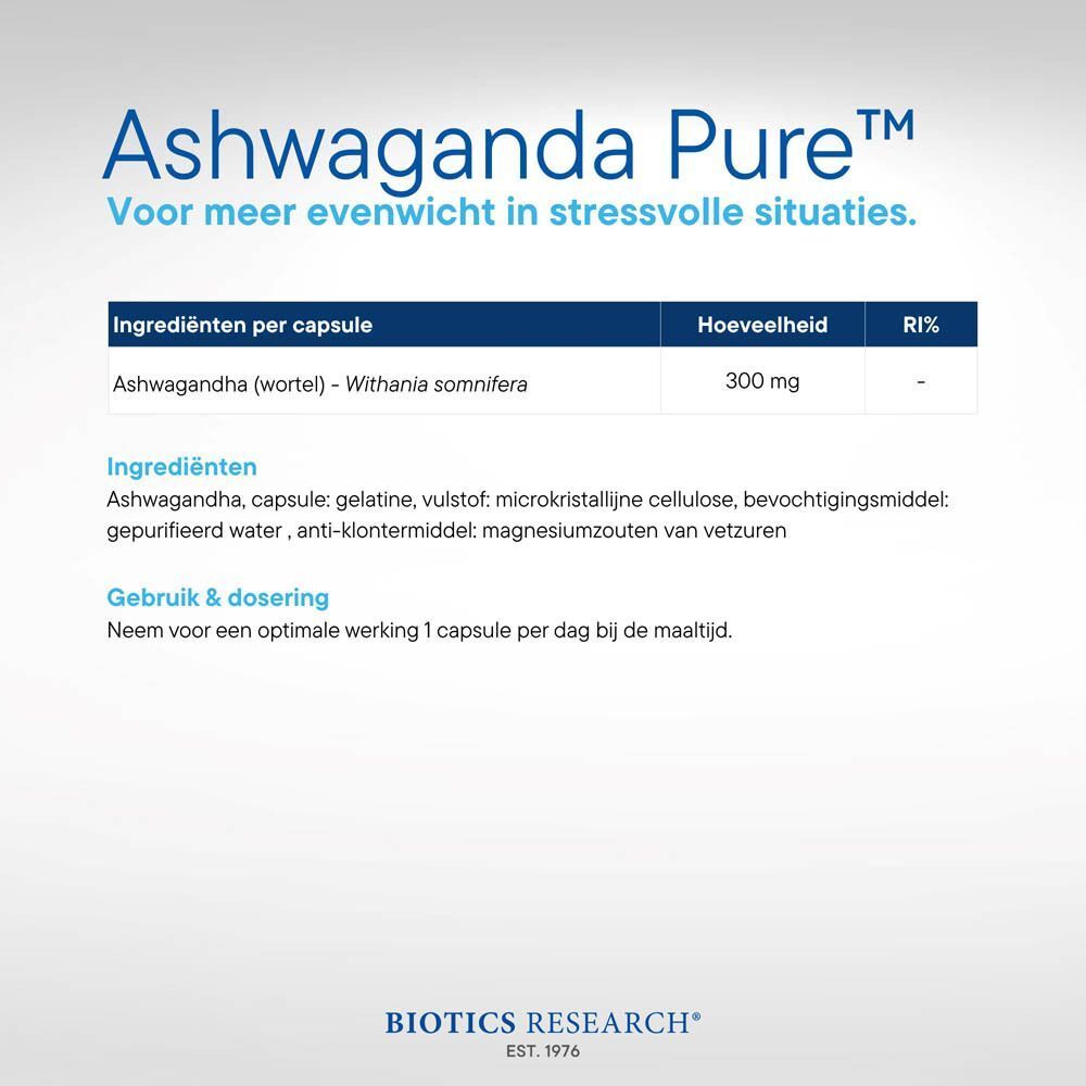 Ashwaganda Pure: ingrediënten. 300 mg Ashwagandha per capsule. Gelatine, cellulose, water.
