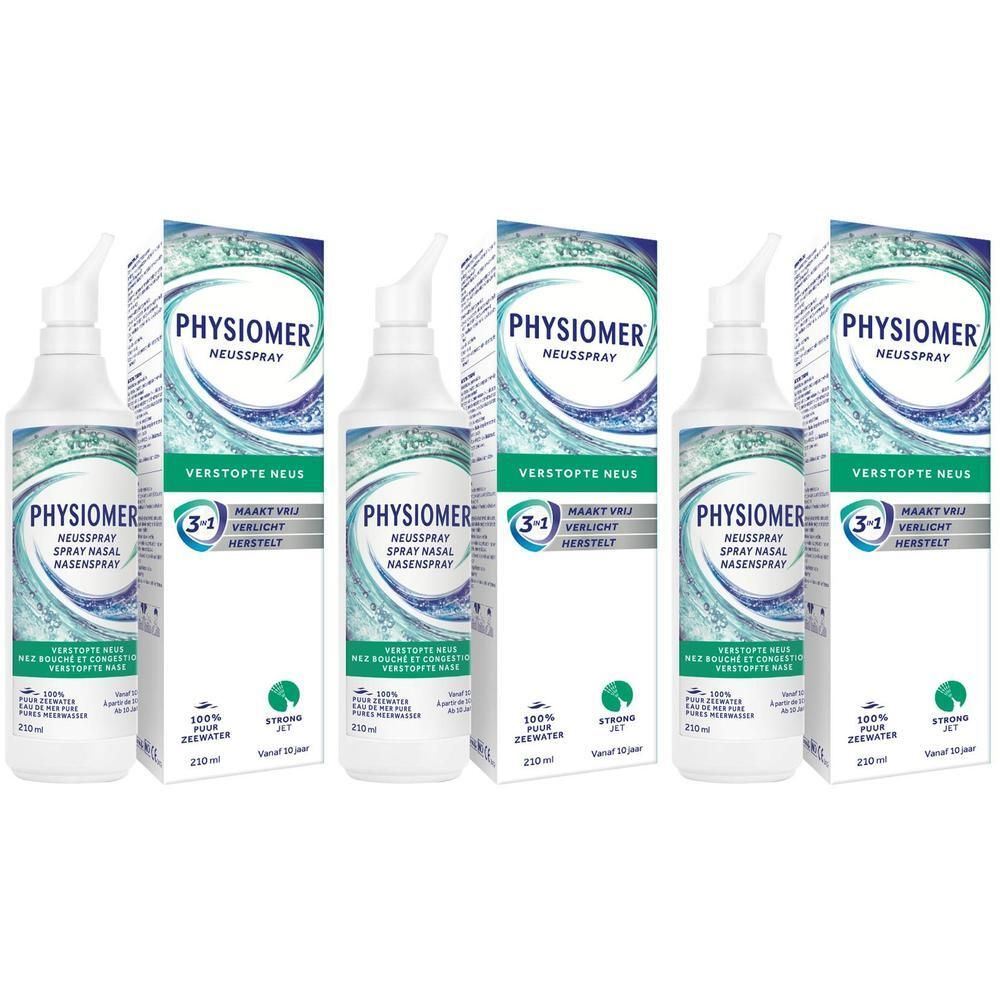 Drie flacons PHYSIOMER® Strong Jet neusspray met verpakking.