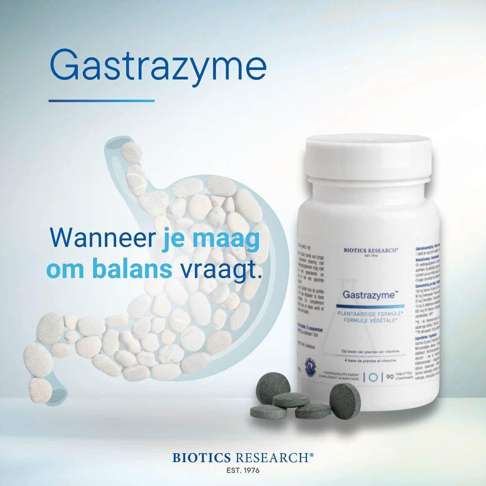 Biotics Gastrazyme: fles en maagillustratie. "Wanneer je maag om balans vraagt."