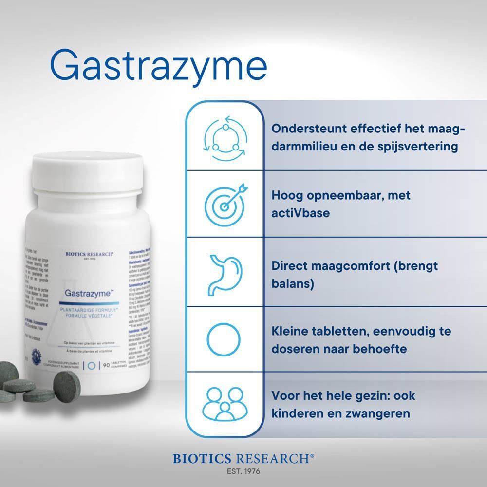Biotics Gastrazyme: fles en infographic over spijsvertering en comfort.