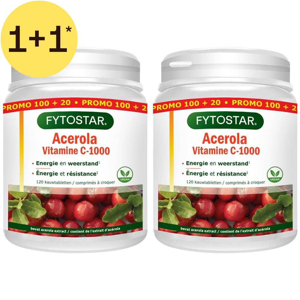 Twee potten Fytostar Acerola Vitamine C-1000 met 120 kauwtabletten per pot. 1+1 aanbieding.