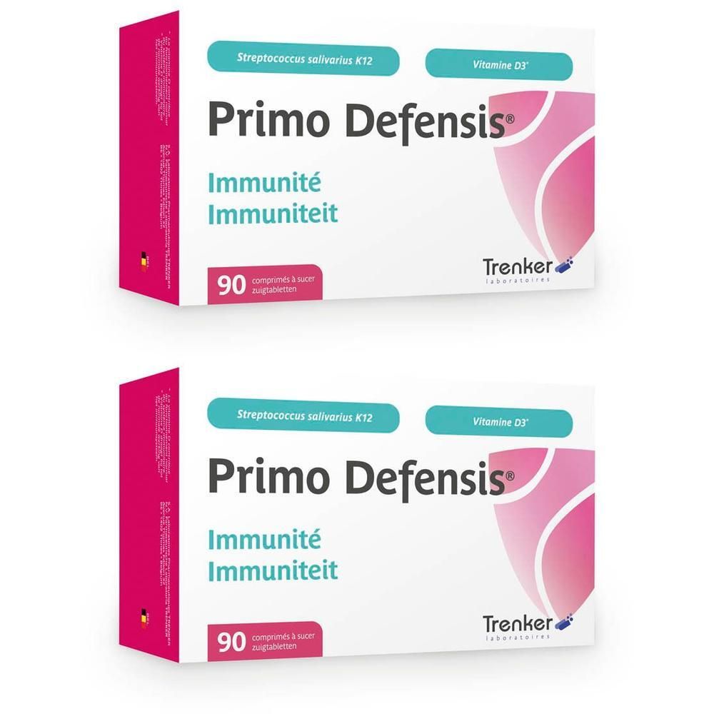 Twee dozen Primo Defensis. Witte verpakking met roze accenten. Opschrift: Immunité, Immuniteit, 90 comprimés. Gele cirkel: 1+1.