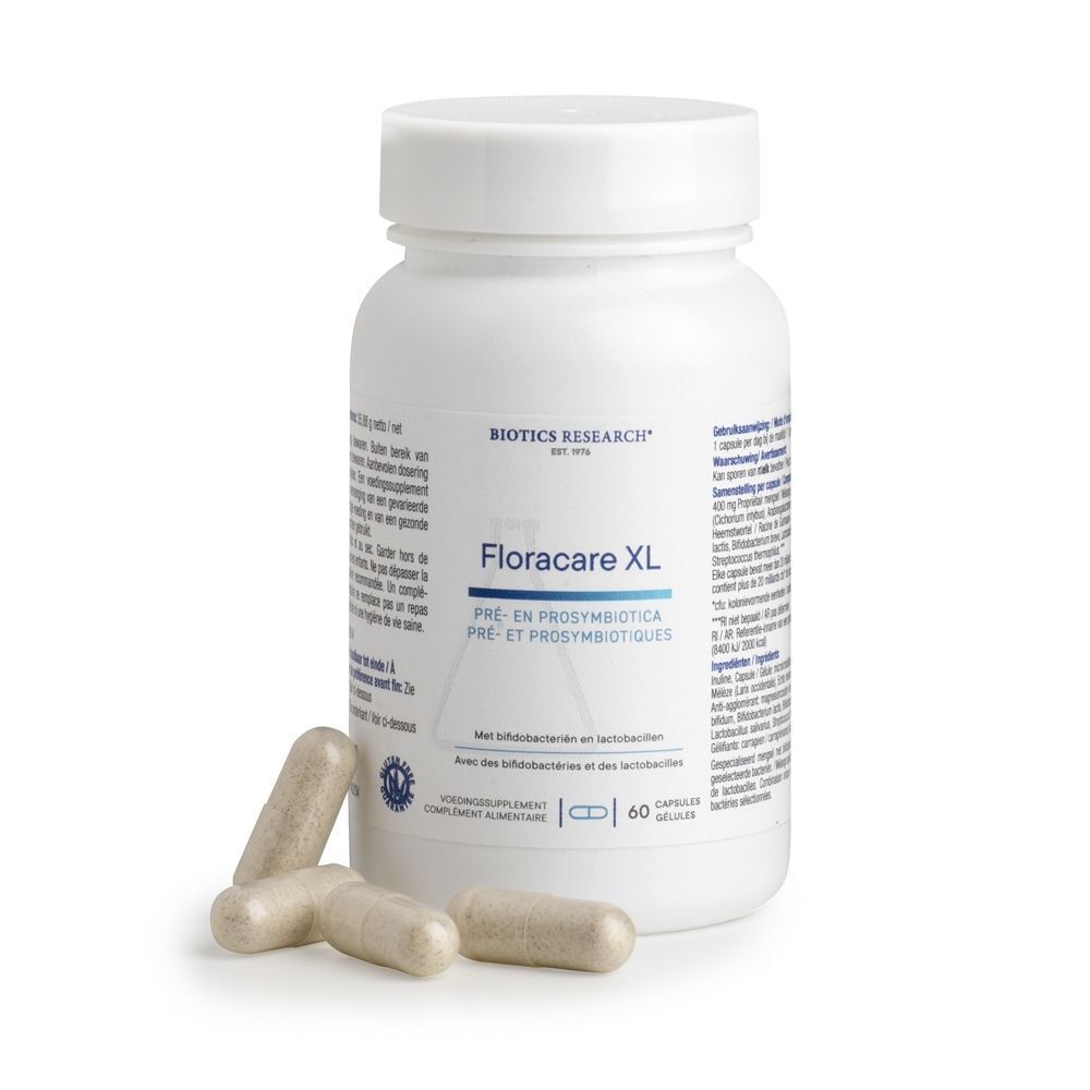 Een flacon Biotics Research Floracare XL met drie capsules ervoor.