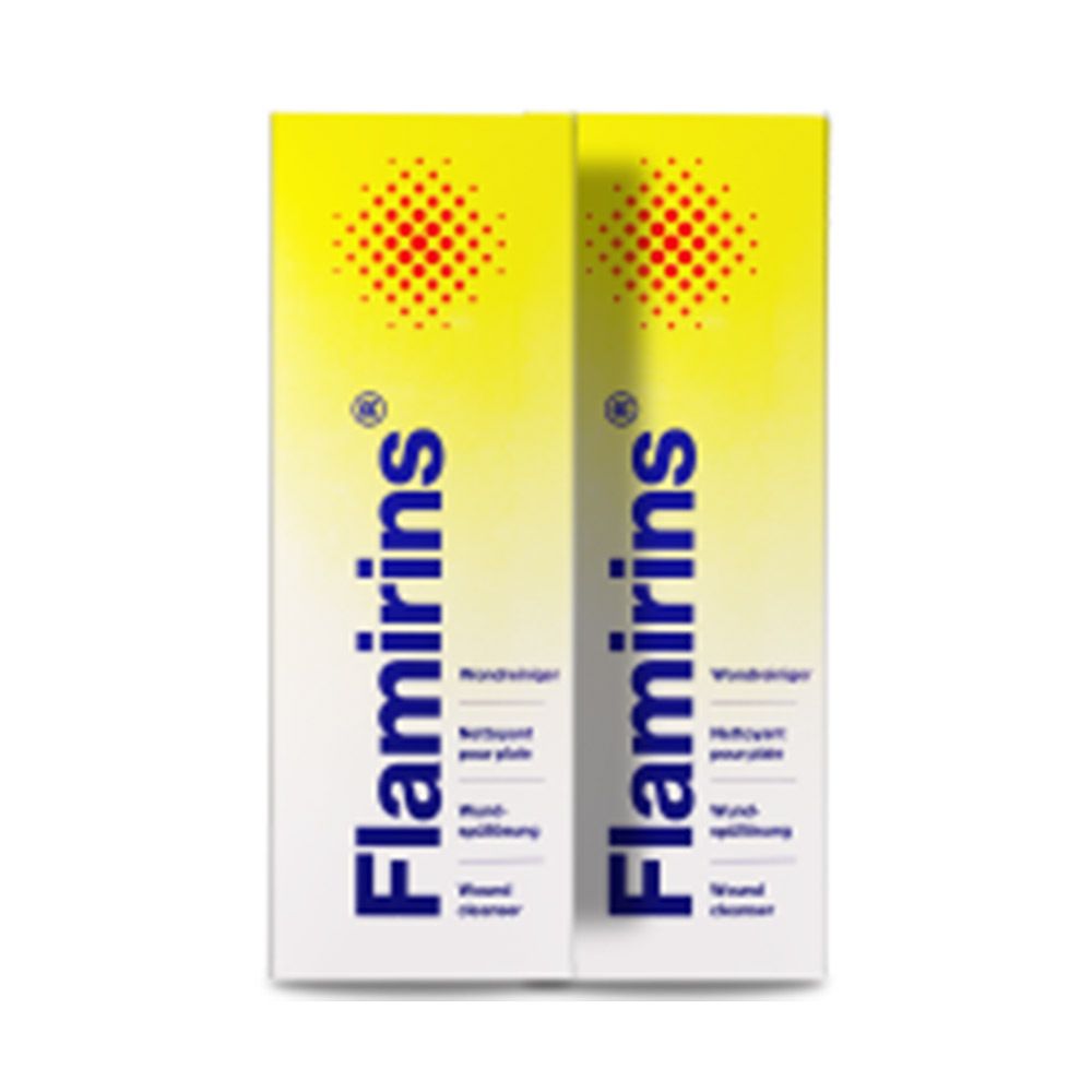 Twee gele verpakkingen met rood puntpatroon en het opschrift Flamirins, wondreiniger. De verpakkingen staan naast elkaar.