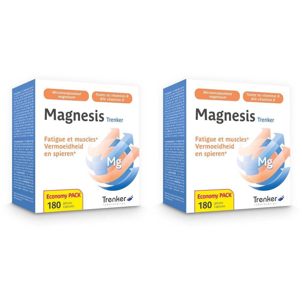 Deux boîtes Magnesis Trenker avec offre 1+1. Emballage bleu avec texte blanc et symbole Mg. 180 comprimés.