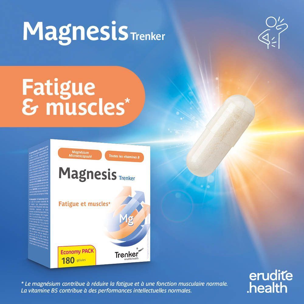 Emballage Trenker Magnesis avec une capsule et texte sur la fatigue et les muscles.