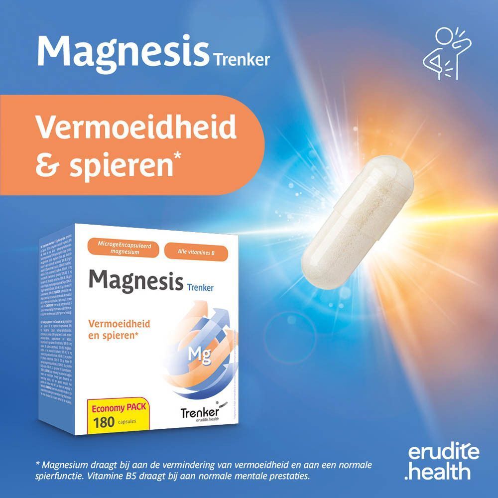 Verpakking van Trenker Magnesis, voedingssupplement tegen vermoeidheid en voor spieren.