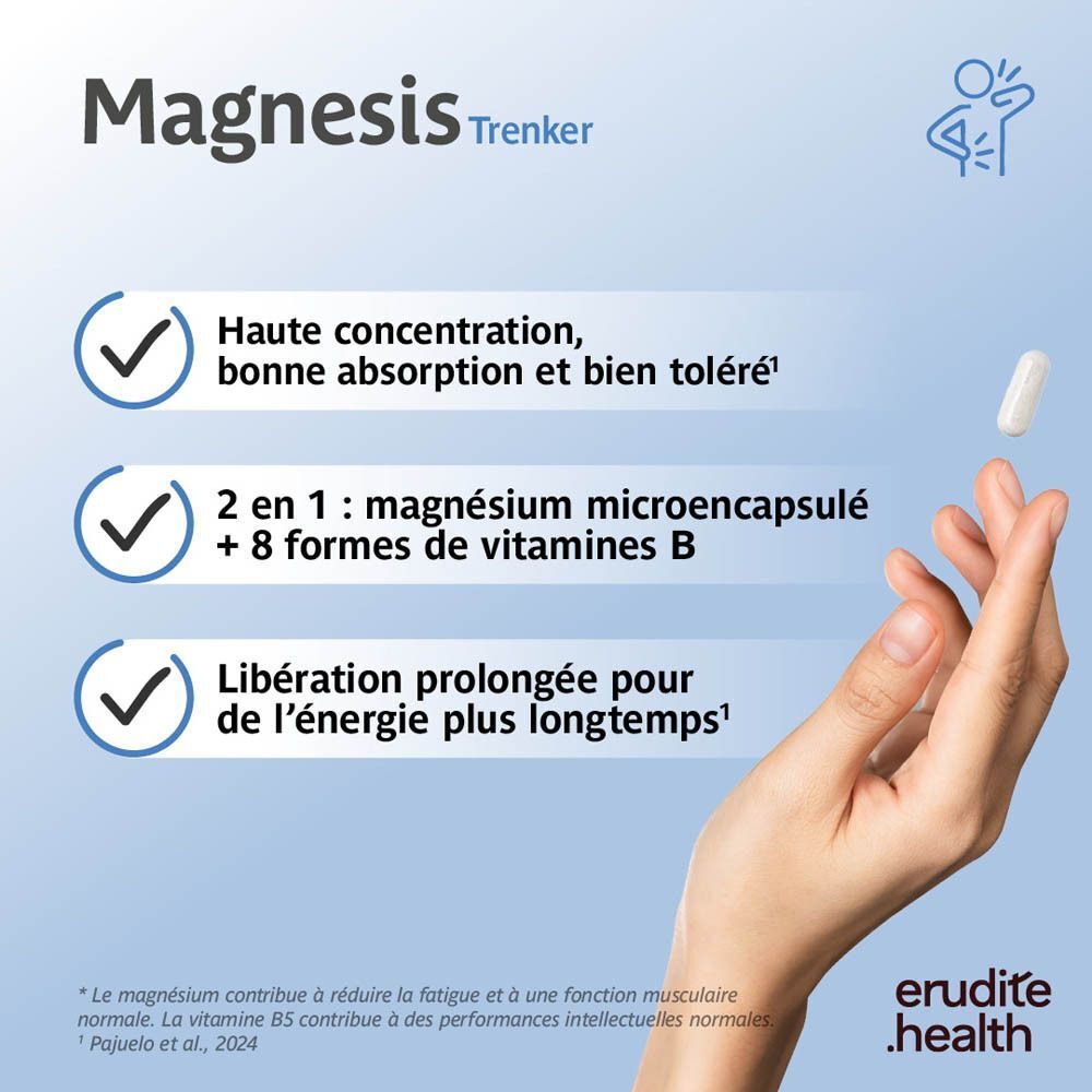 Gélule Trenker Magnésis avec informations sur la concentration, l'absorption et la vitamine B.