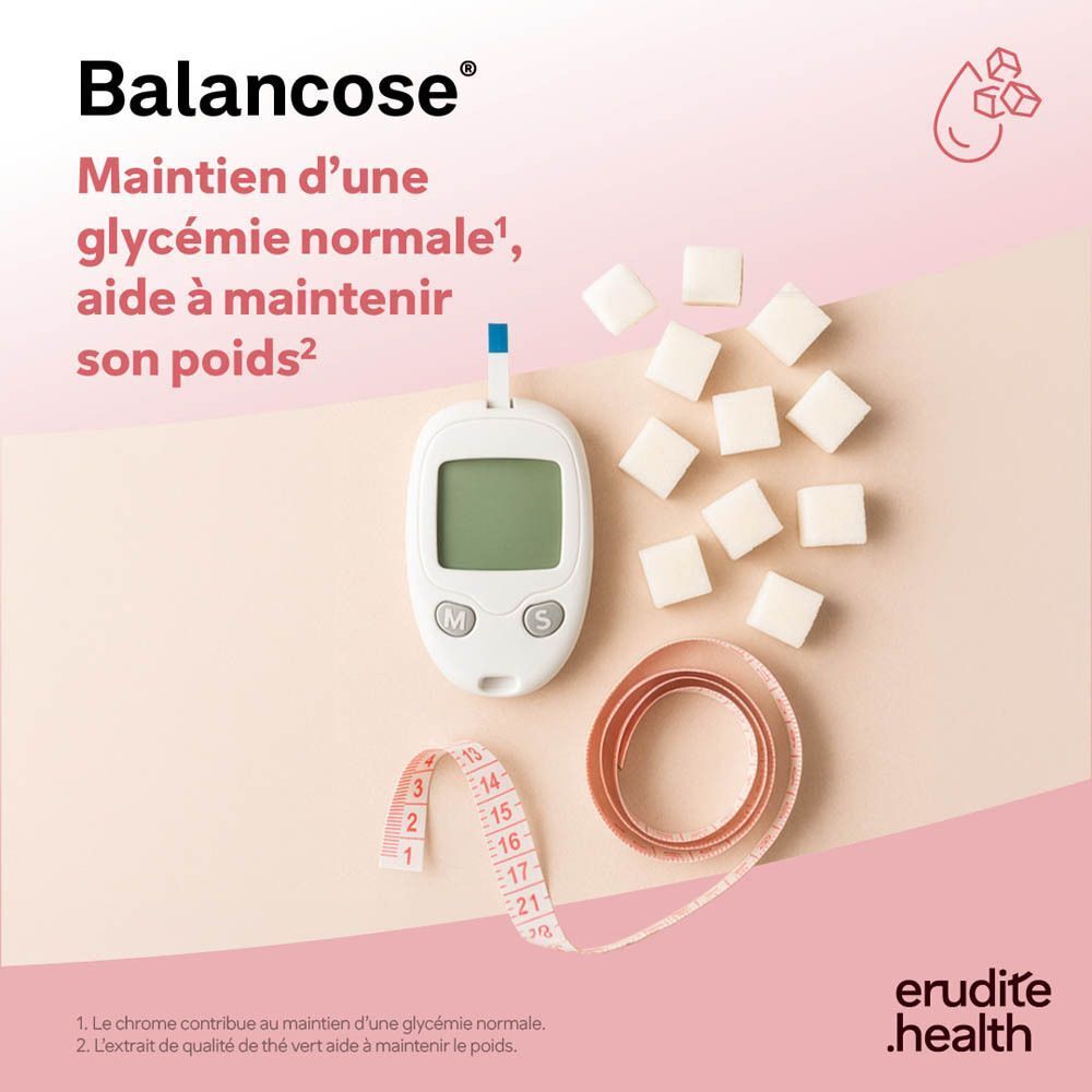 Image promotionnelle pour Balancose avec glucomètre, sucre en cubes et mètre ruban.