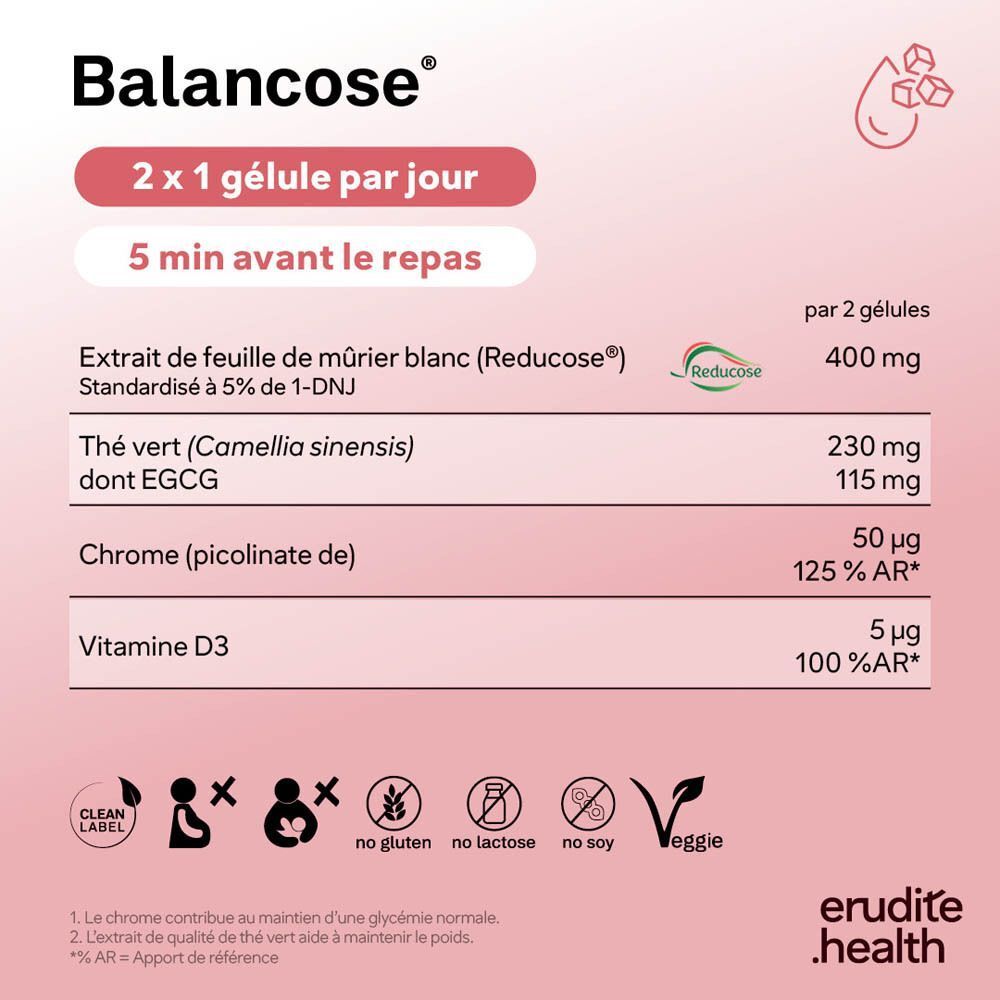 Balancose : 2x1 gélule par jour, 5 min avant le repas. Ingrédients : Extrait de feuille de mûrier blanc, thé vert, chrome, vitamine D3.