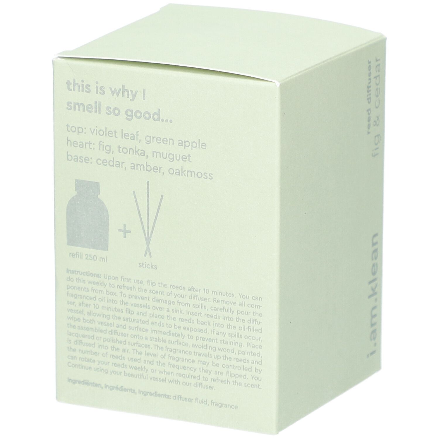 Doos met tekst: this is why I smell so good... Geurnoten. Illustratie: fles + stokjes. Tekst: refill 130ml + sticks.