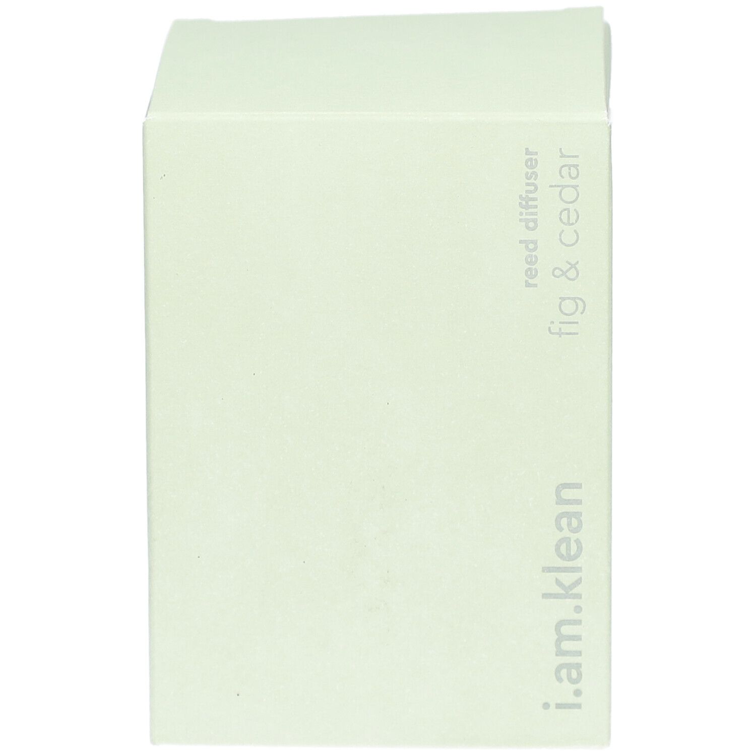 Lichtgroene doos. Opschrift: i.am.klean, reed diffuser, fig & cedar. Zijaanzicht.