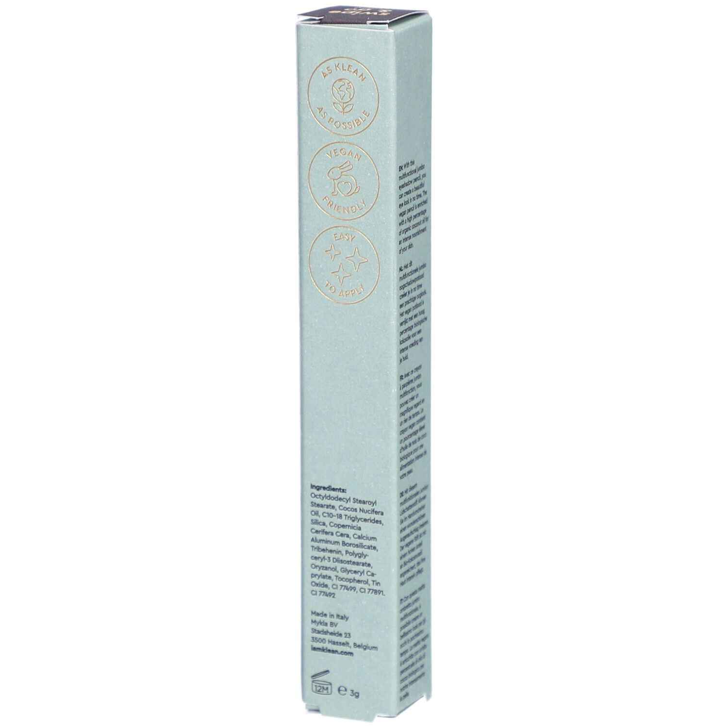 Achterkant van de verpakking i.am.klean Eye Pencil. Vegan, Natrue en COSMOS NATURAL certificeringen.
