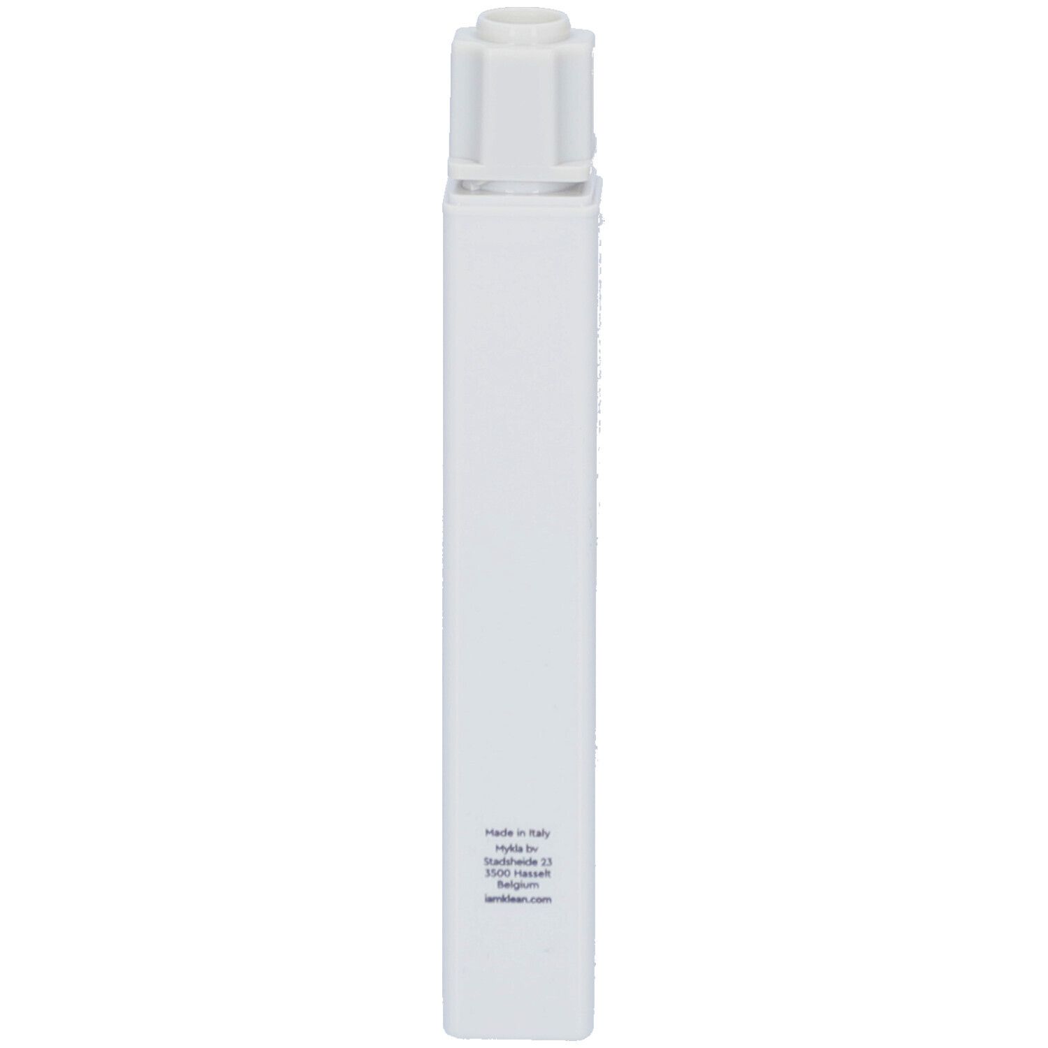 Witte, rechthoekige container met witte dop. Er staat tekst op de container.