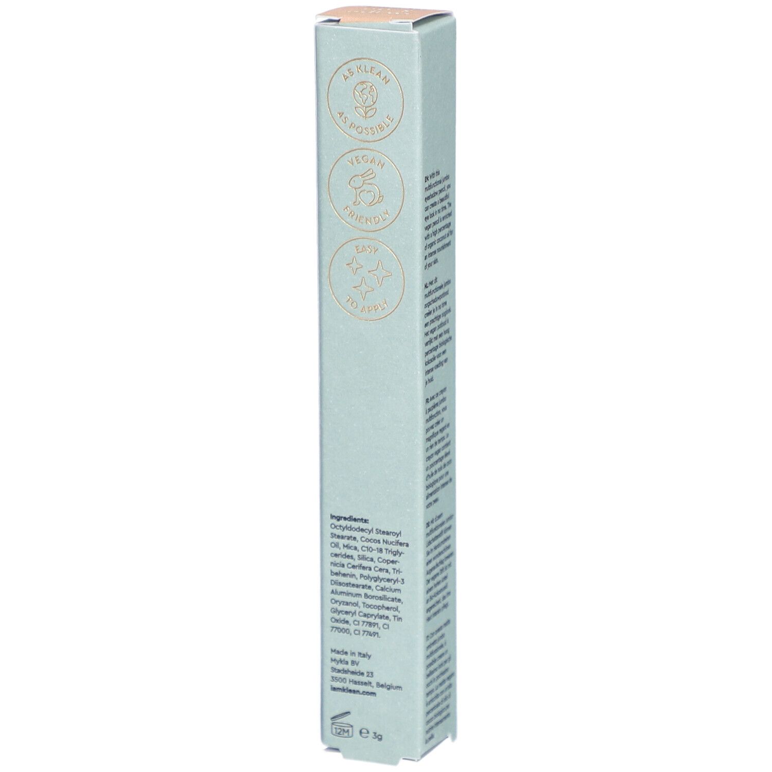 i.am.klean Eye Pencil Easy Peasy Champagner. Lichtgroene verpakking. Ingrediënten en certificeringen. Vierkante vorm.